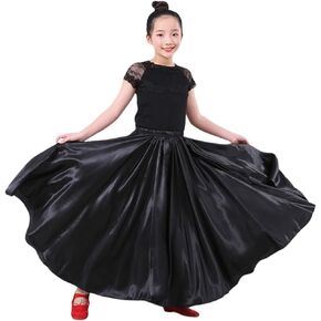 Girls Satin Full Circle Ankle Length Swing Long Skirt Belly Dance Performance Costume for School Children 8-12 Years