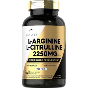 Carlyle L-Arginine L-Citrulline Complex | 2250mg | 240 Capsules | Nitric Oxide Precursors | Free Form | Non-GMO & Gluten Free