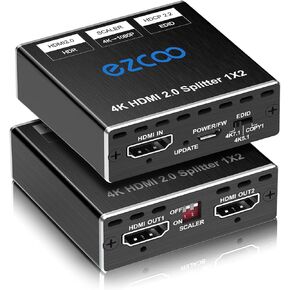 ROFAVEZCO 4K@60Hz HDMI Splitter 1 in 2 Out 4:4:4,18Gbps,Supports Soundbar,HDCP2.2 Bypass,EDID,Duplicate,Mirror,Copy,Downscale,HDR,Dolby Vision Atmos,4K HDMI2.0 Splitter 1x2 Out for Dual Monitors