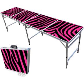 8-Foot Folding Beer Pong Table - Choose Table Model (Base, Cup Holes, LED Lights, Cup Holes & LED Lights) - Pink Zebra Edition