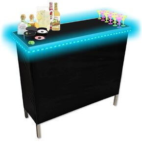 Folding Portable Party Bar w/Patented Multi-Color LED Lights, Black & Hawaiian Bar Skirts, and Storage Shelf - Single Set