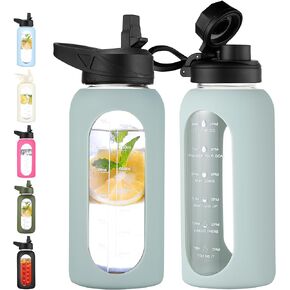 CIVAGO 32 oz Glass Water Bottle with Straw and Handle, Large Sports Motivational Water Bottle Flask with Time Marker, Leakproof Water Jug Canteen with Silicone Sleeve for Gym,Army Green
