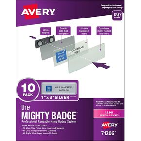 The Mighty Badge من Avery، بطاقات اسم فضية مقاس 1 × 3 بوصة، 10 شارات هوية، 80 إدراجًا لطابعات الليزر (71206) in Kuwait