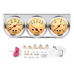 2'' 52mm Universal Chrome 8V to 16V Volt Gauge,100 to 280℉ Water Temp Temperature Gauge, 0 to 100 PSI Oil Pressure Gauge, Meter 3in1 Triple Gauge Set Gauges Kit