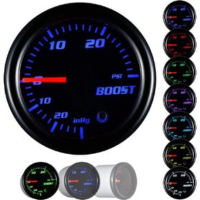 Turbo Boost Gauge Kit Vacuum 30 PSI Tinted 7 Color - Includes Mechanical Hose & T-Fitting - Black Dial- for Car&Truck - 55mm