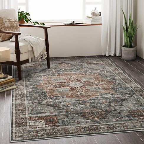 3x5 Area Rug - Washable Kitchen Rugs Non Slip, Small Rugs for Entryway, Stain Resistant Vintage Area Rug for Home Decor, Soft Low Pile Area Rugs (Beige/Brown, 3'x5') in Saudi Arabia
