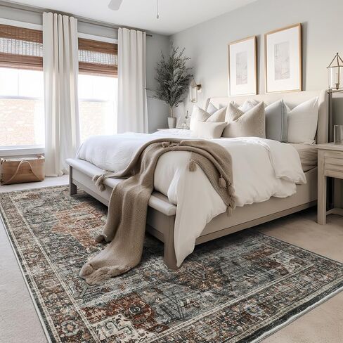3x5 Area Rug - Washable Kitchen Rugs Non Slip, Small Rugs for Entryway, Stain Resistant Vintage Area Rug for Home Decor, Soft Low Pile Area Rugs (Beige/Brown, 3'x5') in Saudi Arabia