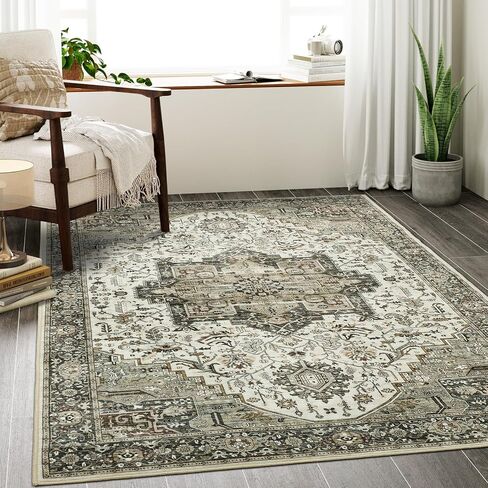 3x5 Area Rug - Washable Kitchen Rugs Non Slip, Small Rugs for Entryway, Stain Resistant Vintage Area Rug for Home Decor, Soft Low Pile Area Rugs (Beige/Brown, 3'x5') in Saudi Arabia