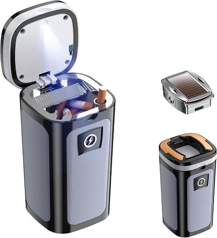 YESCOO Car Ashtray, Portable Ashtray with Solar and USB Dual Charging Lighter, Smokeless Ashtray Indoor with Lid and Led Light, Mini Car Trash Can for Car, Home, Office in Saudi Arabia