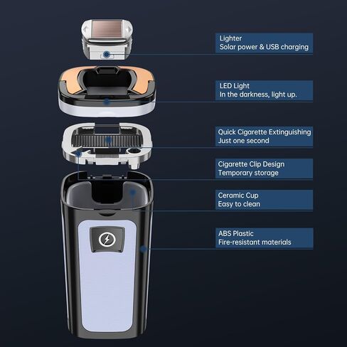 YESCOO Car Ashtray, Portable Ashtray with Solar and USB Dual Charging Lighter, Smokeless Ashtray Indoor with Lid and Led Light, Mini Car Trash Can for Car, Home, Office in Saudi Arabia