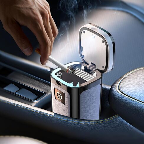 YESCOO Car Ashtray, Portable Ashtray with Solar and USB Dual Charging Lighter, Smokeless Ashtray Indoor with Lid and Led Light, Mini Car Trash Can for Car, Home, Office in Saudi Arabia
