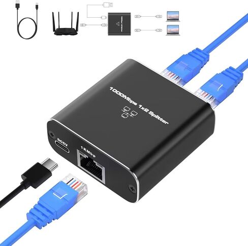 Vergissm Ethernet Splitter, 1000Mbps Ethernet Splitter 1 to 2 High Speed [2 Devices Networked Simultaneously], Network LAN Internet Splitter with USB Power Cable, RJ45 Splitter for Cat 5/5e/6/7/8 in Kuwait