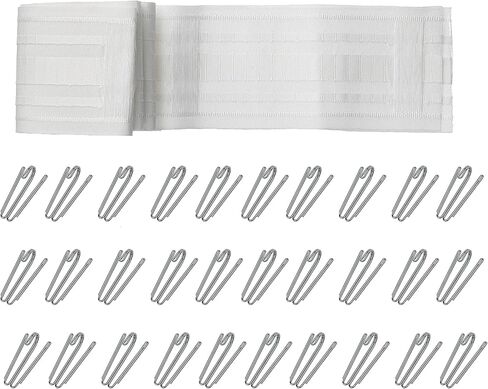 شريط ستارة (11 ياردة) مع 30 قطعة من الخطافات غير القابل للصدأ على شكل عرض للستارة المطوية جيدة لنظام مسار الستارة أو القضبان مع حلقات الستارة in Kuwait