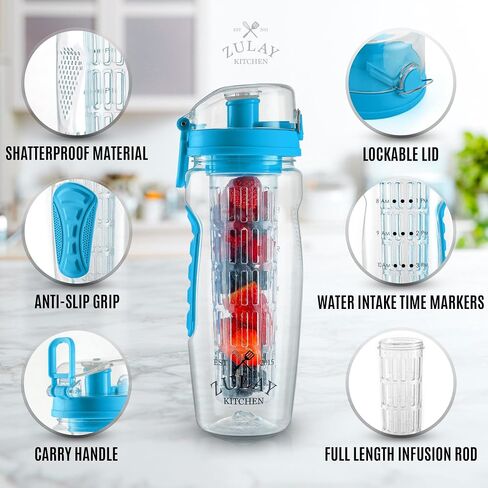 زجاجة مياه Zulay Fruit Infuser - 34oz - مقاومة للتسرب مع قضيب ضخ كامل الطول - هدية مثالية للياقة البدنية للرجال والنساء أو للصالة الرياضية والتخييم in Kuwait