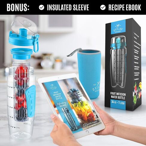 زجاجة مياه Zulay Fruit Infuser - 34oz - مقاومة للتسرب مع قضيب ضخ كامل الطول - هدية مثالية للياقة البدنية للرجال والنساء أو للصالة الرياضية والتخييم in Kuwait