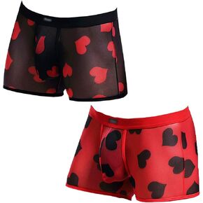 HELX Mens Sexy Underwear See Through Transparent Boxers Briefs Hearts Lips Print Mesh Lingerie Cool Trunk