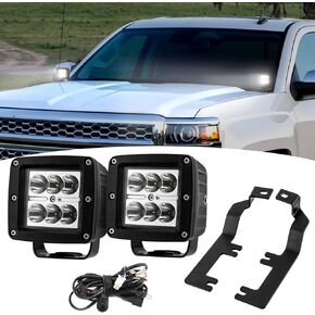 Wsays 2Pcs 24W LED Light Pods & Ditch Hood Hinge LED Pod Mount Bracket w/Wiring Kit Compatible with Chevy Silverado 2014-2018 Fit GMC Sierra 1500 2014-2018