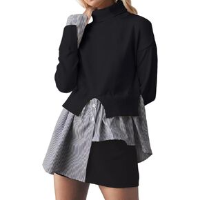 Womens Turtleneck Peplum Patchwork Sweater 2 in 1 Slit Asymmetrical Hem Pullover Sweater Striped Contrast Shirts Top