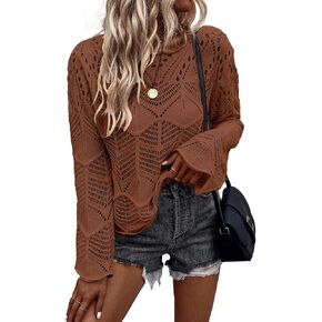 Allimy Womens Long Sleeve Hollow Out Crochet Crewneck Pointelle Knitted Sweaters Pullovers