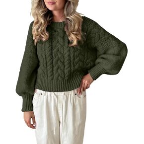 Women's Y2K Cable Knit Sweaters Chunky Long Sleeve Crewneck Cropped Pullover Sweater Tops Warm Jumper Tops Knitwear
