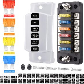 12-Way 12V Fuse Box Blade, 12-Volt Fuseholder, No LED Indicator, Moisture Resistant Cover - with Ground Bus 12-Way Independent Positive Fuseholder for 12V/24V Cars, Car Trucks, Boats, Marine Vehicles