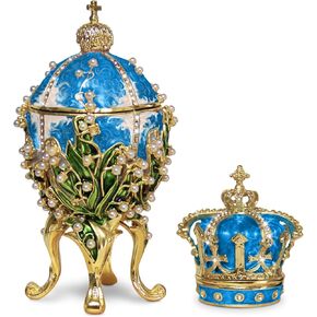 Decorative Lilies of The Valley Easter Egg Replica: Extra Large 5.9 inch, Hand Painted Jewelery Box for The Ultimate Home Décor, Comes with Gift Unique Trinket Crown Box (White, 5.9)