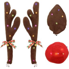 Reindeer Car Kit with LED Lights - Easy to Install Christmas Decorations for Car Window & Grill -Includes Reindeer Antlers with Jingle Bells, Plush Red Nose, & Tail to Decorate Any Vehicle