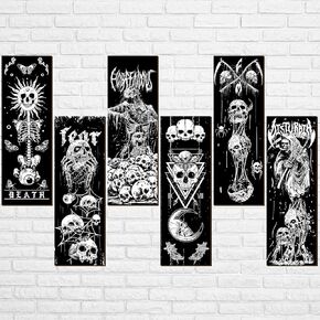 6 Pieces Wall Decor Skull Wall Art Gothic Boho Sun Moon Butterfly Phases Wall Hanging Wooden Minimalist Skeleton Art Prints Vintage Wall Pediments for Room Living Bedroom Bathroom