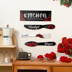 4 Pcs Christmas Kitchen Decor Sets Red Rose Kitchen Wall Decor Wooden Fork and Spoon Wall Decor with Thankful Grateful Blessed Hanging Sign Rustic Farmhouse Wall Art for Wedding Decoration