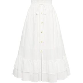 Belle Poque Women's Vintage Midi Skirts Elastic High Waist Button Slit Ruffle Tiered A Line Flowy Skirt with Pockets