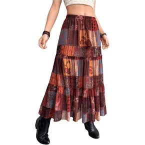 Verdusa Women's Hippie Tie Knot Elastic High Waisted Boho Ruffle Flowy Long Maxi Skirts