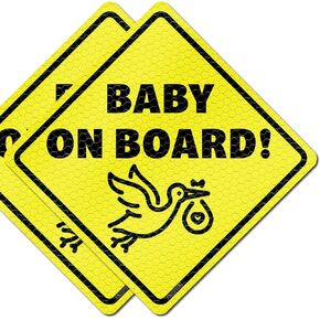 Baby On Board Sticker Sign - Essential for Cars - 2 Pack, 5.5" by 5.5" - Bright Yellow Reflective On Car - Cute Safety Signs - No Suction Cup or Magnet Needed - Durable Strong Stickers