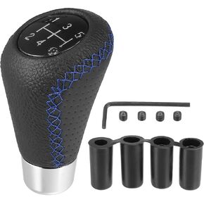 X AUTOHAUX Black Universal 5 Speed Auto Car Gear Lever Shifter Manual Stick Shift Knob PU Leather with Hole Blue Stitches