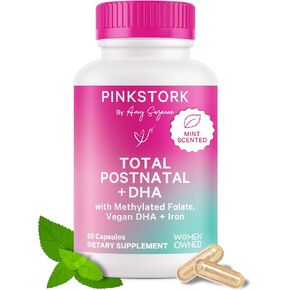 Pink Stork Total Postnatal Vitamins for Women - Mint Essenced Capsules with Vegan DHA, Iron, Folate, and Vitamin B12, Postpartum Recovery Essentials - 1 Month Supply