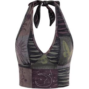 Women's Y2K Graphic Tie Backless Halter Top Slim Fit Sleeveless Camisole Crop Tops Going Out Outfits