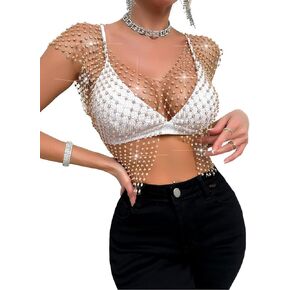 Sparkly Rhinestone Top, New Years Eve Outfits, Glitter Crop Tops for Women Rave Mesh Tank Fishnet Sexy Festival