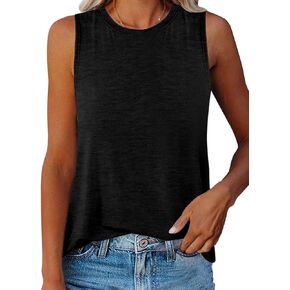 Women Crewneck Curved Hem Tank Tops Summer Casual Sleeveless Loose Fit Tunic Tops 2024