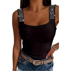 Rhinestones Tank Tops Womens Sexy Sparkly Shoulder Straps Top Sleeveless Summer Trendy Party Fit Shirt Vest