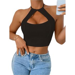 OYOANGLE Women's Halter Neck Crop Tops Cut Out Sleeveless Open Back Fitted Party Tops