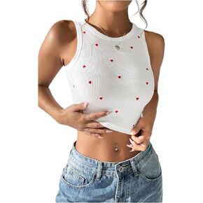 OYOANGLE Women's Heart Embroidery Ribbed Knit Crop Tank Tops Slim Fitted Crew Neck Sleeveless Top