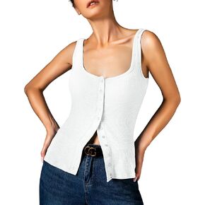 Womens Ribbed Tank Tops - Sleeveless Blouses Button Down Henley Shirts Summer Vest Cami Top