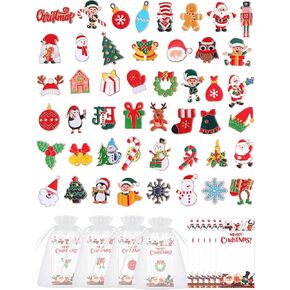 Siifert 50 Sets Christmas Pins Gifts Christmas Enamel Pins Bulk Holiday Pins for Hat Cute Santa Snowflake Snowman Elk Lapel Pins Backpacks Pins Brooches for Women with Card Organza Bags