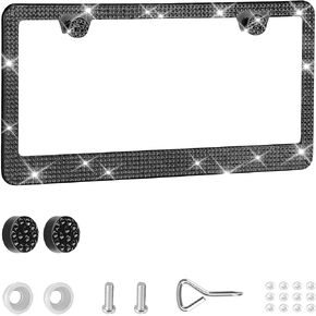 Bling License Plate Frame, Premium Stainless Steel Rhinestone License Plate Frames for Men and Women, Sparkly Plate Crystal Caps, Pink