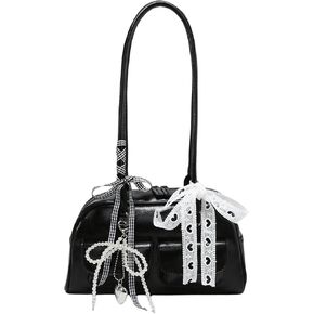 QWINEE Women's Y2K Bow Decor Shoulder Bags Zipper Top Handle Grunge Handbags PU Leather Underarm Bag