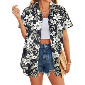 HOTOUCH Hawaiian Shirts for Women Summer Cool Hawaii Floral Tropic Print Blouses Short Sleeve Button Up Tops