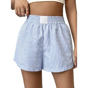 WDIRARA Women's Striped Shorts Color Block Elastic High Waisted Straight Leg Summer Shorts