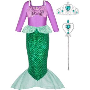 Little Girls Mermaid Princess Costume for Girls Dress Up Party with Crown Mace Green Dress 3-10 Years