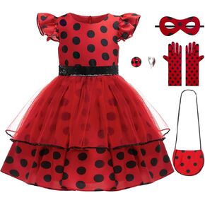 LZH Ladybug Costume Dress For Girls Kids Cosplay Lady Bug Halloween Birthday Dress Up With Bag Gloves Mask Earrings
