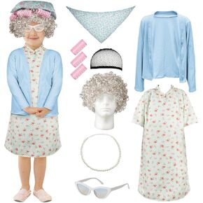 Zhanmai 7 Pcs 100th Day of School Old Lady Costume Dress and Coat Sets Grandma Costume Granny Costume for Woman