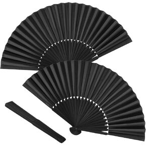 Minelife Tkocisa 2 Pack Bamboo Silk Folding Fan Handheld, Chinese Vintage Retro Fabric Fans, Black Hand Fan for Performance, Dance, Fighting, Wedding, Church, Party & Gift